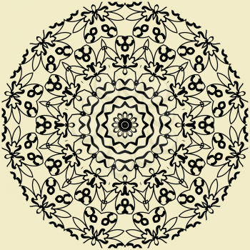 Indian mandala in outlines on yellow background.