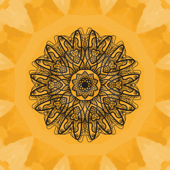 Elegant mandala-like pattern on yellow seamless watercolor texture. Hand-drawn mandala flower. Ornamental round seamless lace pattern. Abstract vector tribal ethnic yoga yantra background seamless mot