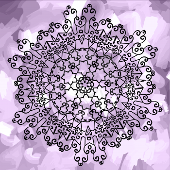 Ornamental mandala print on violet watercolor background. Ornament card with mandala. Geometric circle element made in vector. Kaleidoscope,  medallion, yoga, india, arabic design.