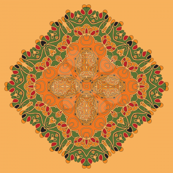 Green and Orange Oriental Mandala. Abstract Retro Ornate Mandala Wallpaper for greeting card, Brochure, Card or Invitation with Islamic, Arabic, Indian, Ottoman, Asian motifs.