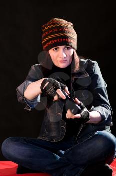 Royalty Free Photo of a Woman Holding a Joystick