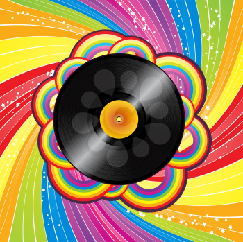 Royalty Free Clipart Image of a Vinyl Record on a Rainbow Background