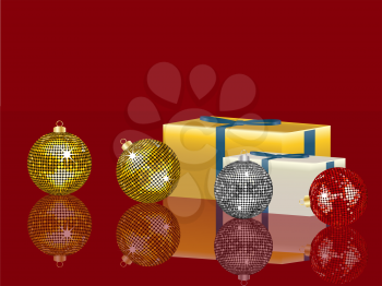 Royalty Free Clipart Image of Christmas Ornaments Beside a Present