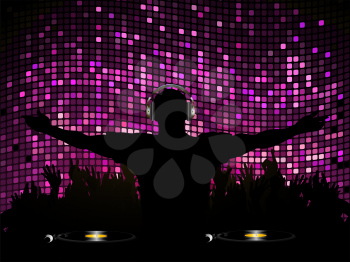 Royalty Free Clipart Image of a DJ Wearing Headphones Entertaining a Crowd