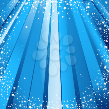 Royalty Free Clipart Image of Festive Blue Light Rays and Christmas Stars