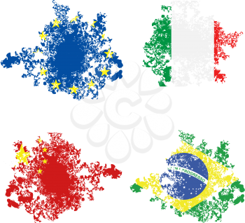 Royalty Free Clipart Image of Grunge Distressed flags of Brazil, China, Italy and the European Union