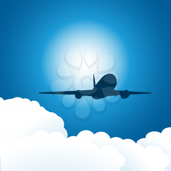 Royalty Free Clipart Image of an Airplane Flying Above Clouds