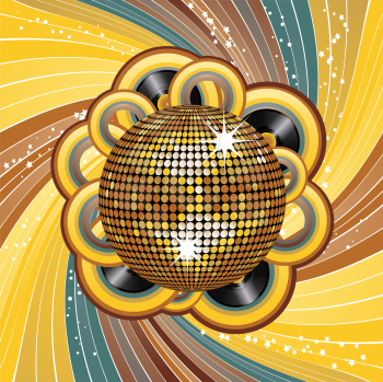 Royalty Free Clipart Image of a Retro Disco Ball on a Swirling Background