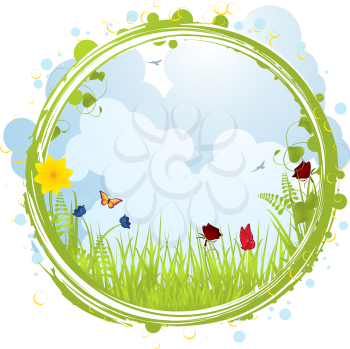 Royalty Free Clipart Image of a Spring Landscape Inside a Border