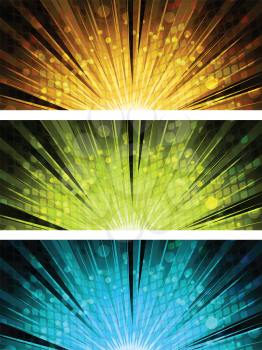 Set of light explosion backgrounds in gold, green and blue