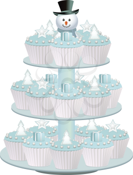 Christmas cupcakes with presents, stars and Christmas trees on a blue stand