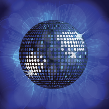 sparkling blue disco ball on a blue starburst background