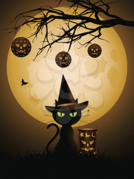 Halloween black cat with witch's hat sitting next to a lantern under spooky branches with lanterns