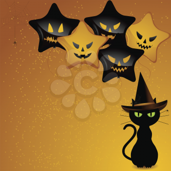 Black cat wearing witches hat sat in front of orange and black balloons with scary faces