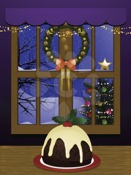 decorated Christmas interior with Christmas pudding on a table and Christmas tree outside