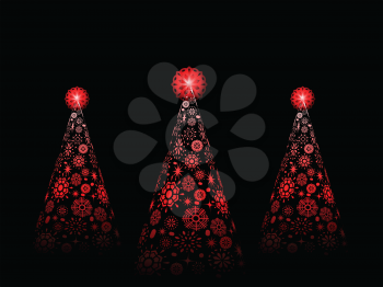 Three red snowflake Christmas trees with red stars on a black background