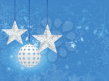White star and round baubles on a blue background with flourishes and snowflakes