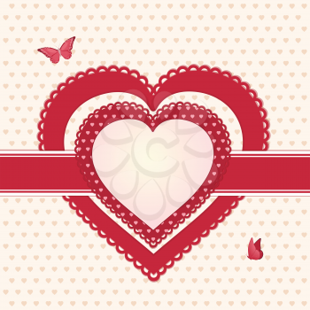 red and pink valentine heart label with ribbon and butterflies