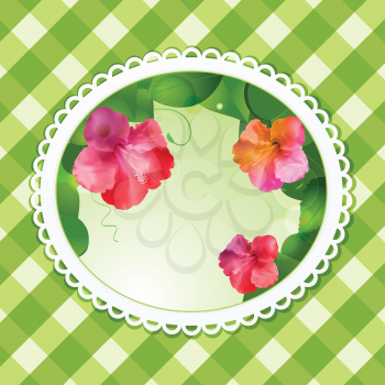 hibiscus flowers in a decorative border on a gingham background