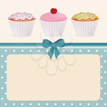 cupcakes on a blue polka dot background with border for text