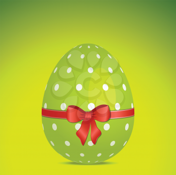 Green Easter egg background, with white polka dots, ribbon and bow