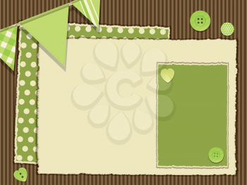 scrapbooking background on corrugated cardboard with torn paper panels, buttons and bunting