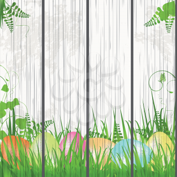 Easter Panel Background with Decorated Easter Eggs on a White Wooden Background