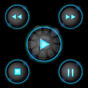 Control Buttons with Glowing Blue Neon Icons and Border on Black