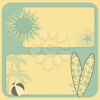 Summer Border Backgrounds with Surfboards, sun, and Palm trees on Blue