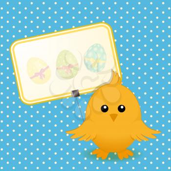 Easter Chick and Sign on Blue Polka Dot Background 