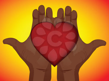 Pair of Hands Holding a Heart on Yellow and Red Background