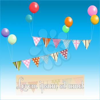 Bunting Floating with Balloons on a Blue Sky and Sample Text