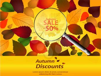 Autumn Discount Background with Leafs Magnifier and Text