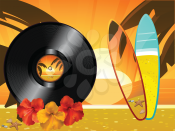 Summer Tropical Sunset Background with Vinyl Hibiscus and Surfing Board