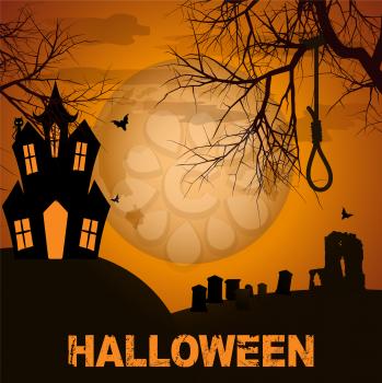 Halloween Background with Graveyard Spooky House and Text