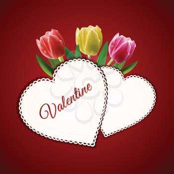Valentine Hearts Cards and Text Over Red Background with Tulips