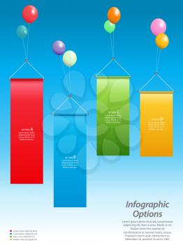 Infographic Background with Banners Floating attached to Balloons Over Blue Sky