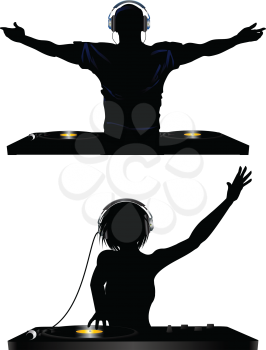 Male and Female Silhouette of DJ Playing Records with Headphones and Record Decks