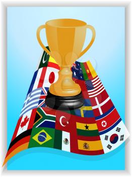 Blue Panel and White Frame with 3D World Flags and Gold Trophy Over It