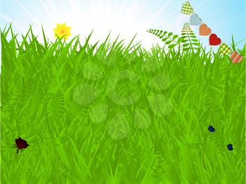 Warm Spring Background with Grass Flowers Butterfly and Heart Shaped Bunting