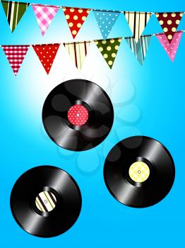 Three Vinyl Records with Vintage Label and Vintage Bunting Over Blue Sky Background