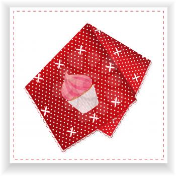 Red and White Dots Folded Tea Towel with Printed Cupcake Over Withe Panel 