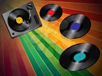 Vintage Striped Background with Turnable and Three Flying Vinyl Discs
