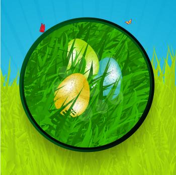 Easter Green Border with Eggs Grass and Butterfly Over Grass and Sky Background