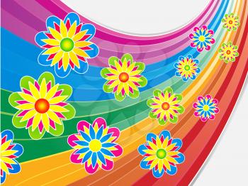 Bright Colorful Summer Flowers Over Curved Rainbow Background