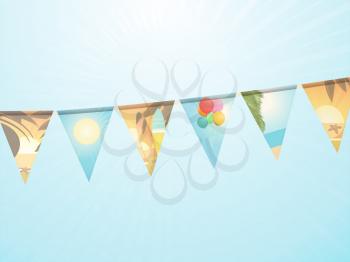 Holidays Themes Decorated Bunting Over Light Blue Sunny Sky Background