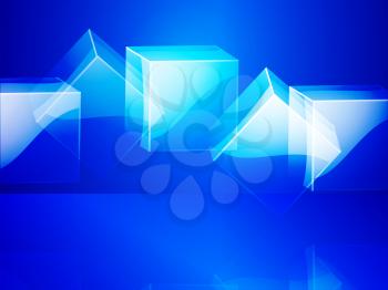 3D Illustration of Glass Cubes with Reflection Over Blue Background