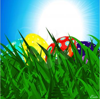 Close Up 3D Illustration of Decorated Easter Eggs Into Grass Over Sunny Blue Sky