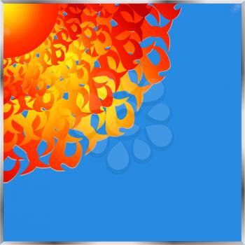 Abstract Firey Sun Red and Orange Over Blue Background in Metallic Thin Frame