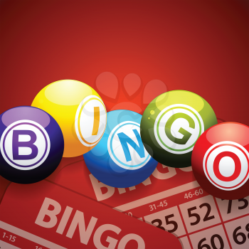 3D Illustration of Bing Balls and Cards Over Red Velvety Background